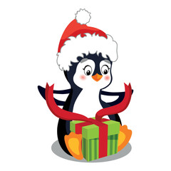 Cute penguin in Santa's hat. cartoon character opening christmas box, red ribbon