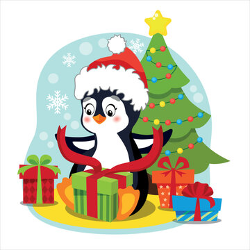 Cute penguin in santa claus hat under the christmas tree. Opens a Christmas box
