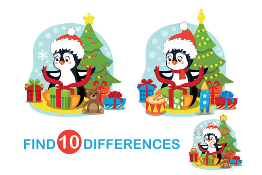 Mini games. Find differences. Penguin opens a gift box on Christmas Eve
