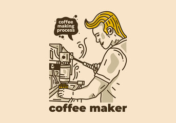 Vintage art illustration of man making coffee