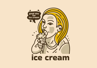 Vintage art illustration of girl eating ice cream
