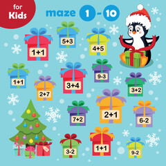 Math maze from 1 to 10. Cute penguin opens a New Year's gift. Christmas tree