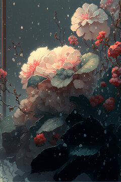 flower digital art pink white on a rain ai-generated