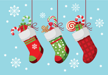 New Year's socks with sweets and gifts inside. background with snowflakes
