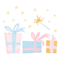 Colorful gift box vectors in a hand drawn style, isolated on white background. Christmas gifts in flat and hand drawn style.