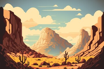 Naklejka premium Desert canyon valley hot summer sun day with dusty orange haze, sandstone cliffs and dry arid sand hills. Cracked and eroded rocks with sparse vegetation. Generative Ai