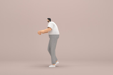 The man with beard wearinggray corduroy pants and white collar t-shirt. He is expression  of hand when talking. 3d rendering of cartoon character in acting.