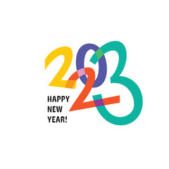 Happy New Year 2023 logo text design. Logotype of the year. Vector modern minimalistic text with colorful numbers. Conceptual cheerful youth bright explosive design. Emblem for card print social media