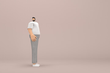 The man with beard wearinggray corduroy pants and white collar t-shirt. He is expression  of hand when talking. 3d rendering of cartoon character in acting.