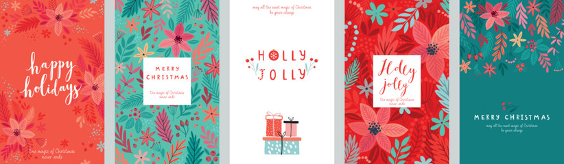 Christmas card set - hand drawn floral flyers. Lettering with Christmas decorative elements.