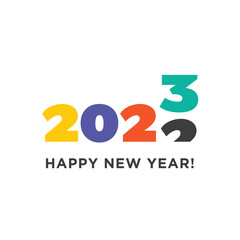 Happy New Year 2023 logo text design. Transition from 2022. Logotype of the year. Vector modern minimalistic text with colorful numbers. Emblem for card print social media