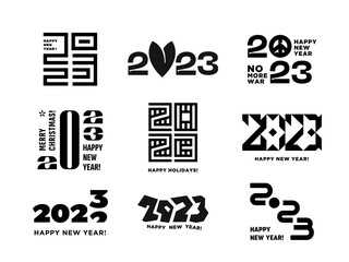 Big set collection of Happy New Year 2023 signs. Modern geometric minimalistic text with black numbers. Isolated on white background. 2022 number concept design template. EPS 10 vector