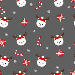 Funne cats with christmas hats. Seamless winter pattern with cats, gifts, snowflakes and candy cane