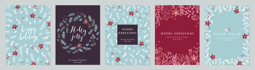 Christmas card set - hand drawn floral flyers. Lettering with Christmas decorative elements.