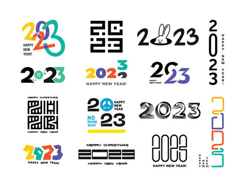 Happy new year 2023 set logo. Brochure or calendar cover vector design template. Cover of business diary for 20 23 with wishes. The art of cutting paper.
