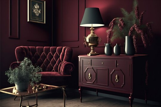 Dark Wine Red Home Interior With Old Retro Furniture. Generative AI Technology