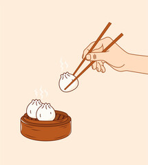 eat dumpling using chopstick illustration vector stock