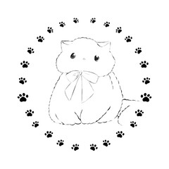 ハンコ風イラスト素材: じっとしている猫(線画)