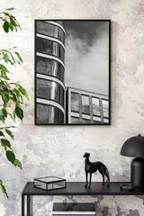 Minimalist composition of indiustral living room interior with mock up poster frame, black consola,...