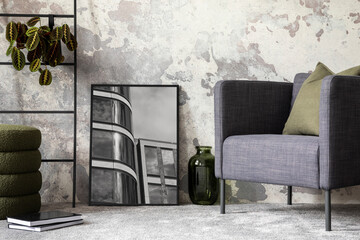 Loft and indiustral living room interior with mock up poster frame, stylish gray armchair, bottle green pillows, modern pouf, simple ladder and personal accessories. Home decor. Template.