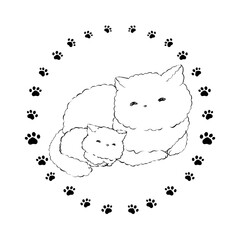 ハンコ風イラスト素材:親子の猫(線画)