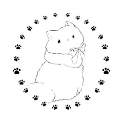ハンコ風イラスト素材:振り返る猫(線画)