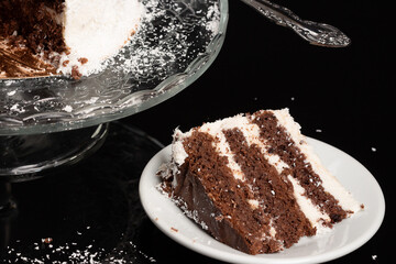 chocolate cake on a plate decorated with coconut flakes, diet variant no sugar added