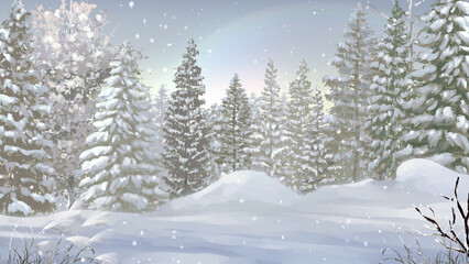 Pine snow tree landscape Christmas tree with light decoration full moon sky anime background