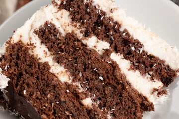 chocolate cake on a plate decorated with coconut flakes, diet variant no sugar added