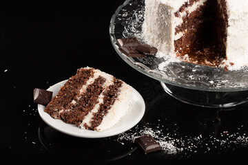 chocolate cake on a plate decorated with coconut flakes, diet variant no sugar added
