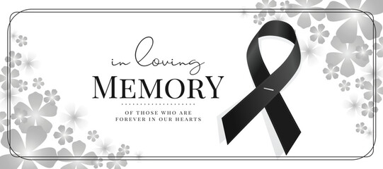 In loving memory of those who are forever in our hearts text and Black ribbon sign on gray flower frame texture background vector design