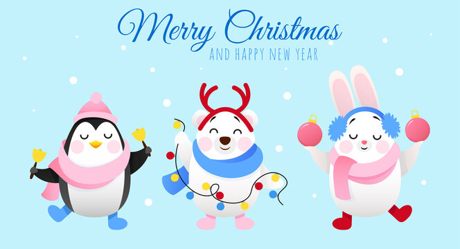 Cute christmas teddy bear, penguin and hare with inscription Merry christmas on blue background