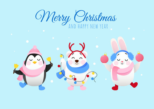 Cute christmas teddy bear, penguin and hare with inscription Merry christmas on blue background