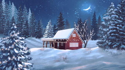 Night Winter scenery snow landscape Red Cabin covered in Snow Christmas tree anime background