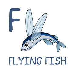 Cute Sea Animal Alphabet Series. F is for flying fish. Vector cartoon character design illustration.
