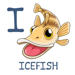 Cute Sea Animal Alphabet Series. I is for icefish. Vector cartoon character design illustration.