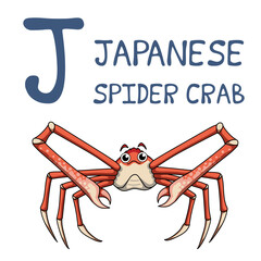 Cute Sea Animal Alphabet Series. J is for Japanese spider crab. Vector cartoon character design illustration.