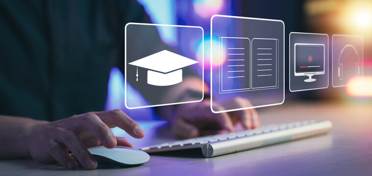 Concept of Online education. man use Online education training and e-learning webinar on internet for personal development and professional qualifications. Digital courses to develop new skills.