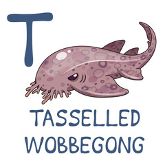 Cute Sea Animal Alphabet Series. T is for Tasselled wobbegong. Vector cartoon character design illustration.