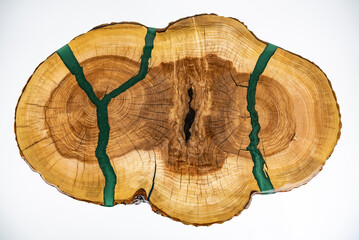 Coffee table, living room table. Resin handmade wood table. White background.