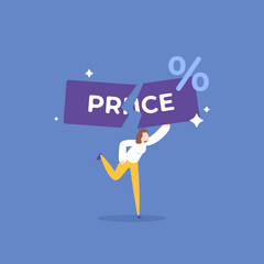 discounts. a woman divides the price or determines the price of the product. business, promotions, and offers. concept illustration designs. graphic elements