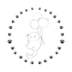 ハンコ風イラスト素材:風船を片手に飛ぶ猫(線画)