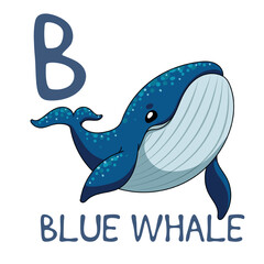 Cute Sea Animal Alphabet Series. B is for blue whale. Vector cartoon character design illustration.