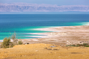 Fototapeta na wymiar Jordan, Dead Sea coastline, salt crystals texture, high angle view