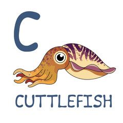 Cute Sea Animal Alphabet Series. C is for cuttlefish. Vector cartoon character design illustration.