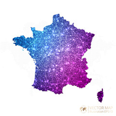 France map in geometric wireframe blue with purple polygonal style gradient graphic on white background. Vector Illustration Eps10.