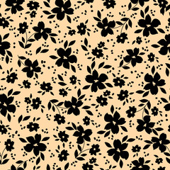 Cute floral pattern. Seamless vector texture. An elegant template for fashionable prints. Print with black flowers and leaves, dots. beige background.