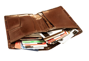 leather wallet full of credit cards, isolated - obrazy, fototapety, plakaty