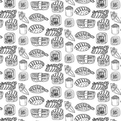 Vector seamless pattern with hand drawn sushi and rolls on white color. Pattern on the theme of japanese food. Background for use in design, packing, web site, fabric