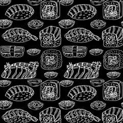 Seamless pattern with sushi isolated on black background. Design for chalkboard